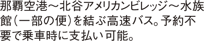 那覇空港〜北谷アメリカンビレッジ〜水族館（一部の便）を結ぶ高速バス。予約不要で乗車時に支払い可能。