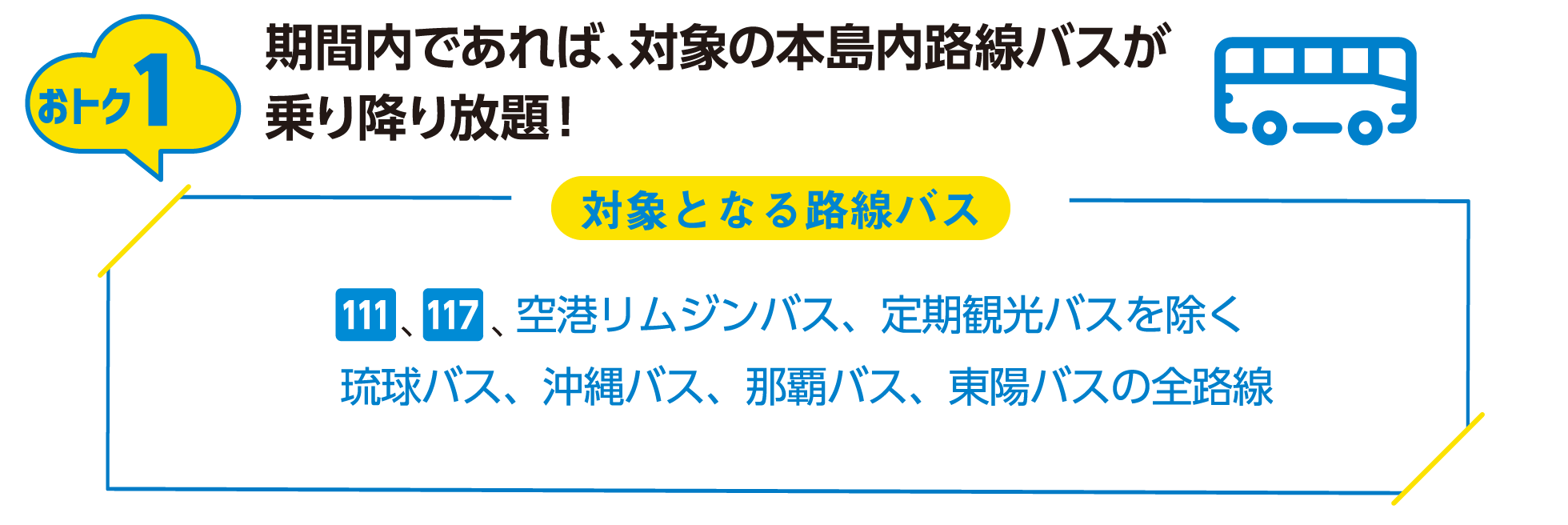 おトク1：期間内であれば、対象の本島内路線バスが乗り降り放題！