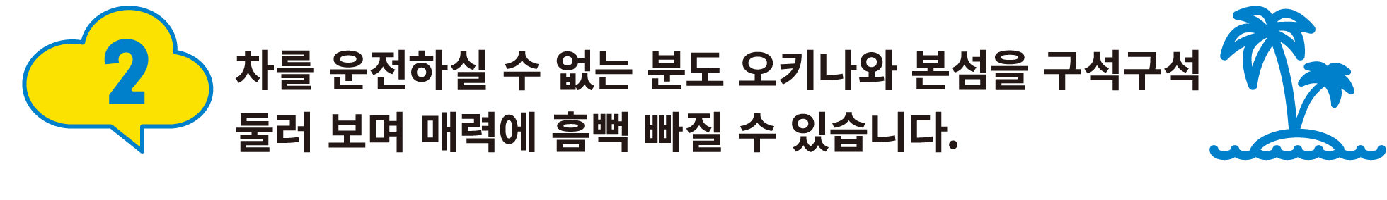 2:차를 운전하실 수 없는 분도 오키나와 본섬을 구석구석 둘러 보며 매력에 흠뻑 빠질 수 있습니다.