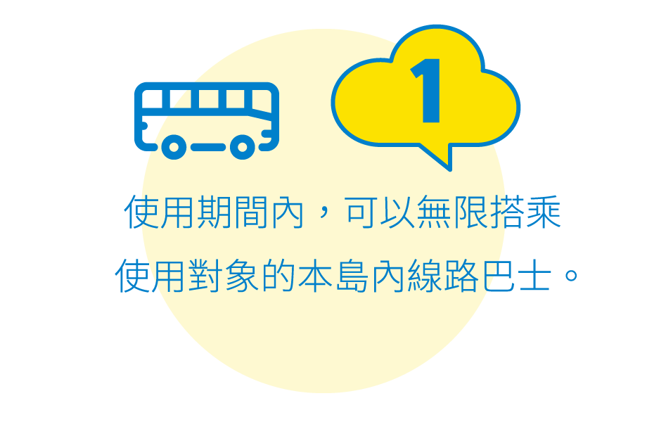 1:使用期間內，可以無限搭乘使用對象的本島內線路巴士。